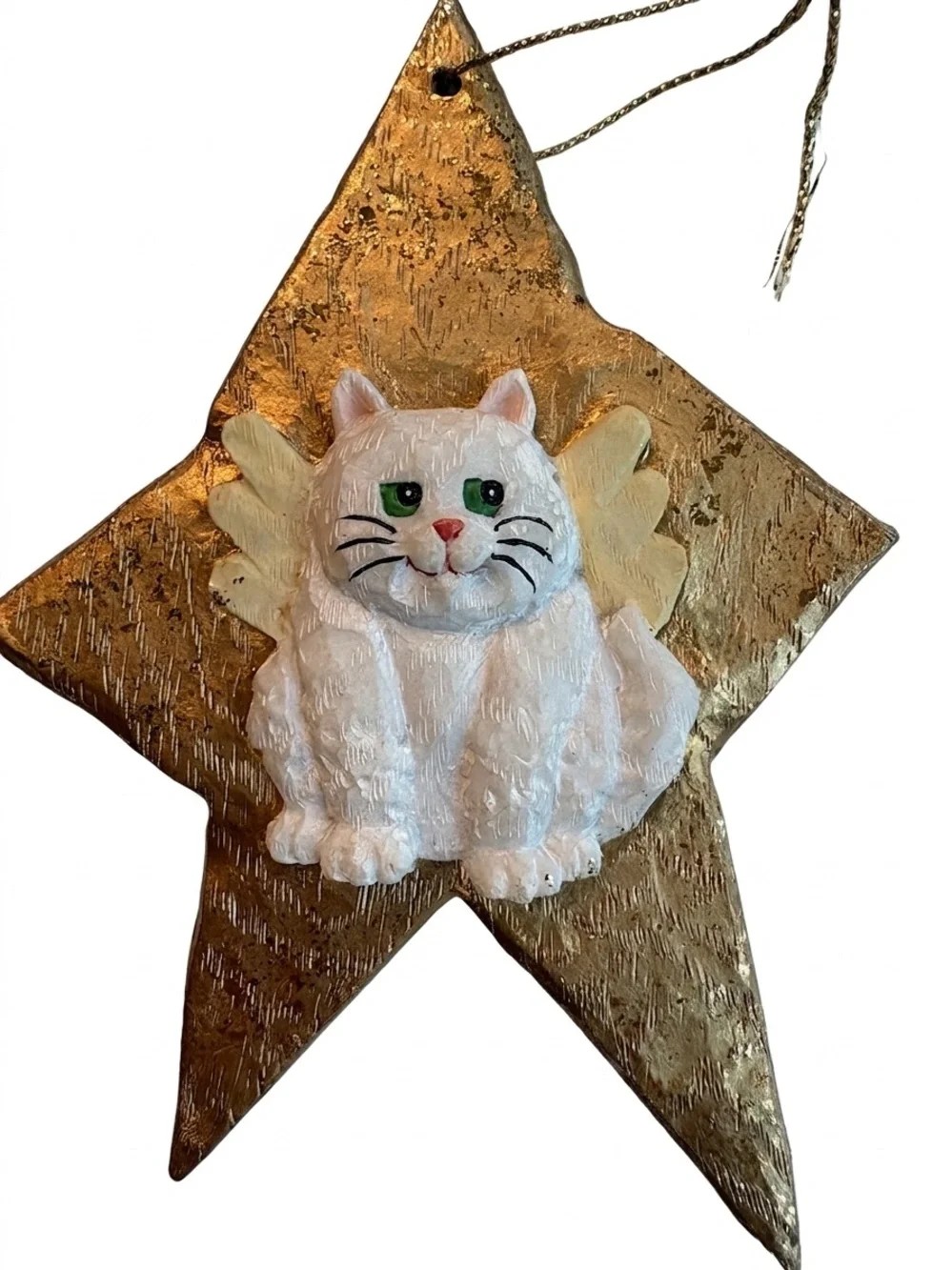 Cat Angel Wings Christmas Ornament Pet Memorial White Cat on Gold Star Pet Loss